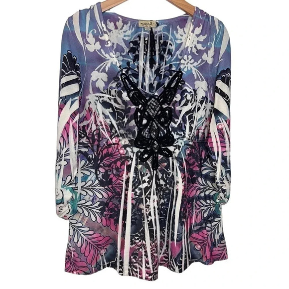 One World L multicolor v-neck boho print long ruched‎ sleeve top - Picture 1 of 6